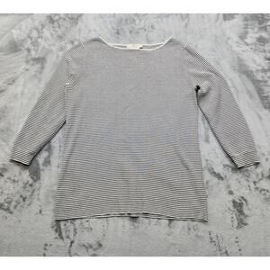 Ann Taylor LOFT Sweater Women L Black White Striped Boatneck 3/4 Sleeve Pullover